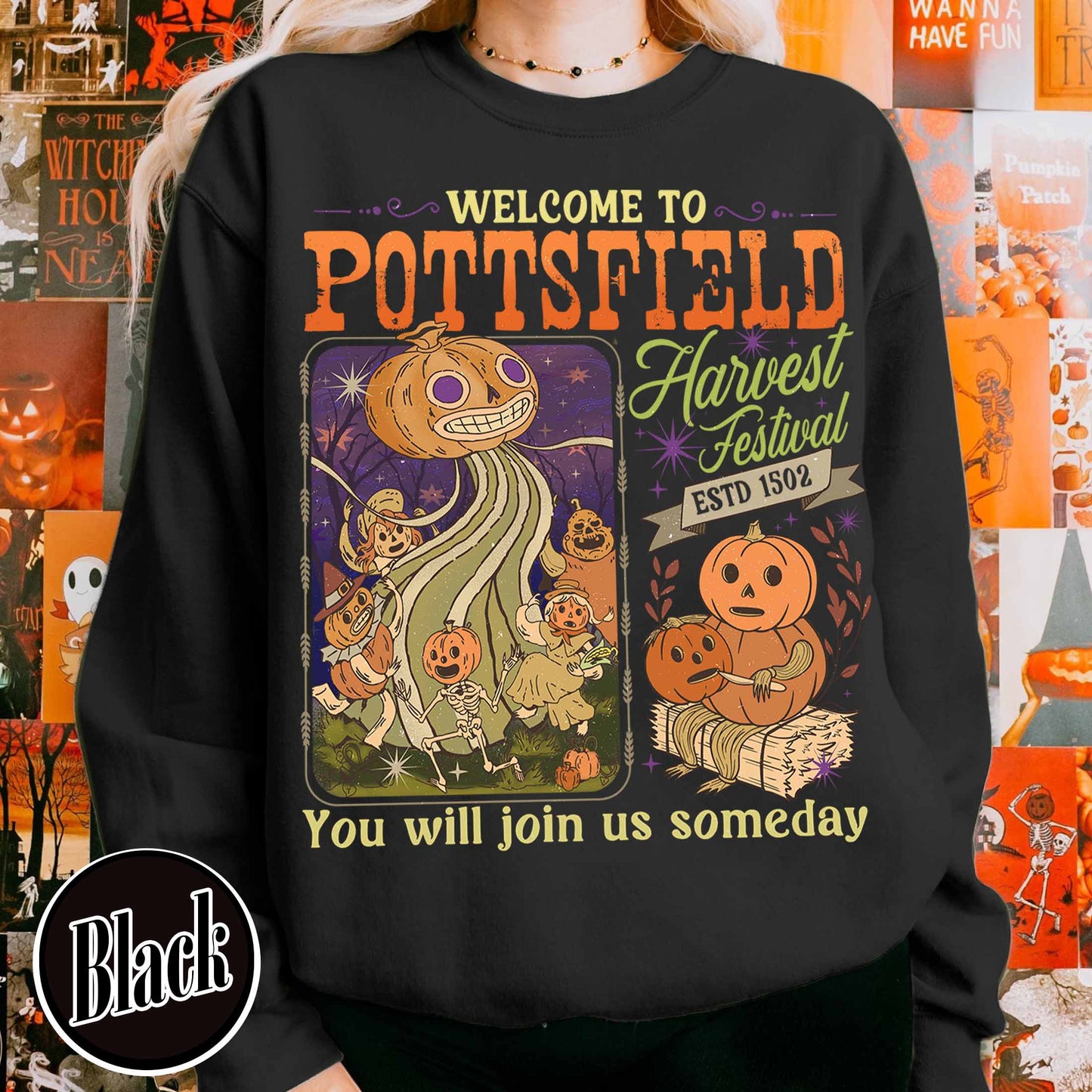 Halloween Pumpkin Sweatshirt, Pottsfield Harvest Festival Sweatshirt, Skeleton Festival Apparels