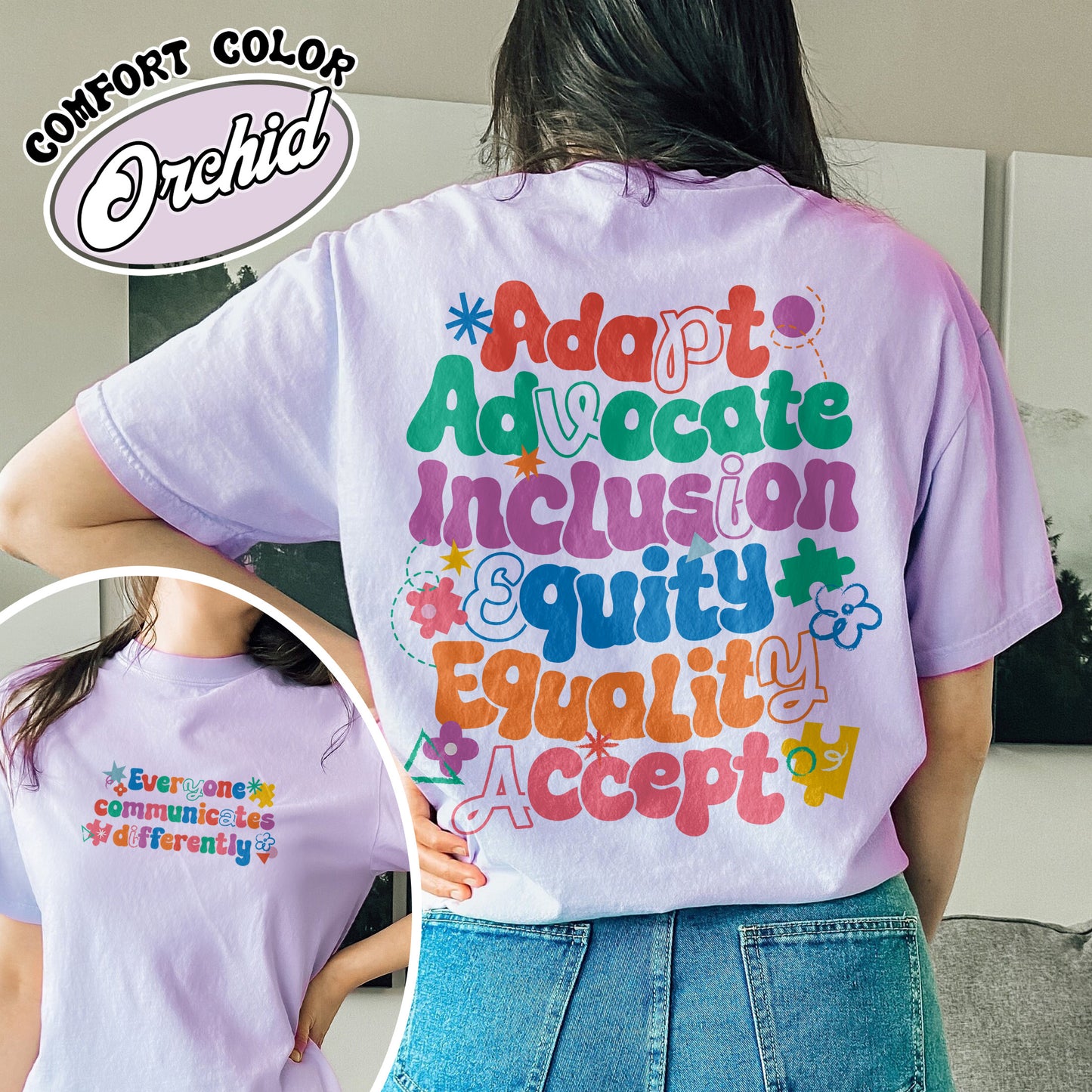 Autism Comfort Color Shirt, Everyone Communicates Differently Shirt, Adapt Advocate Accept Shirt