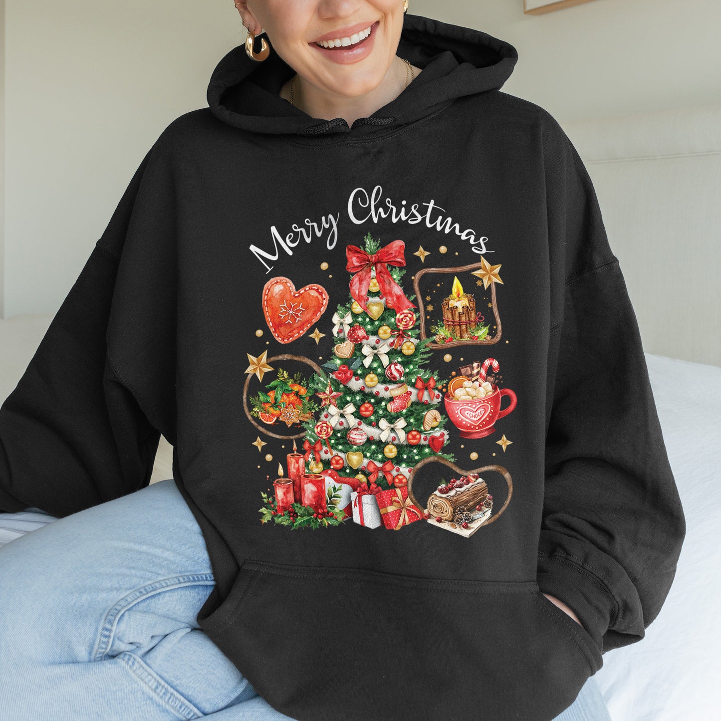 Vintage Merry Christmas Hoodie – Christmas Tree Candy Cane Hot Cocoa Holiday Hoodie