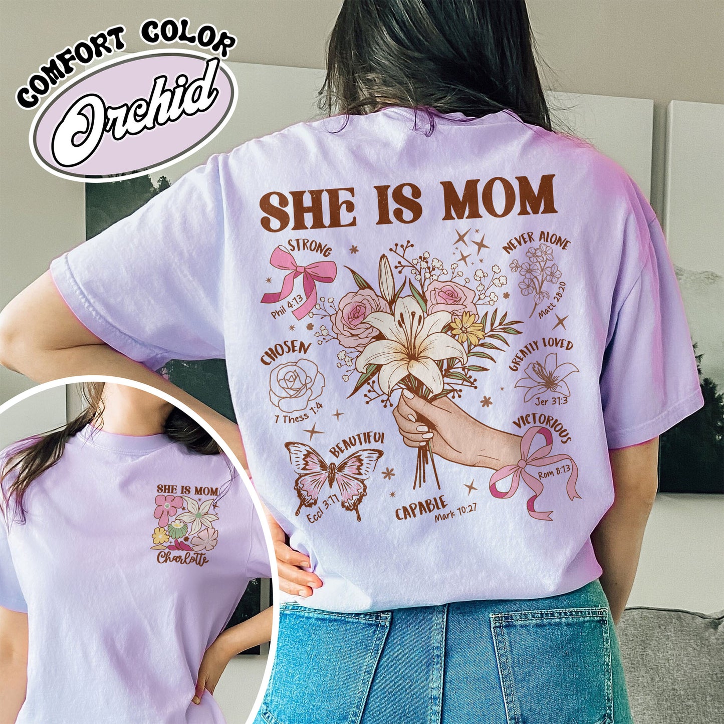 Floral Mother's Day Comfort Colors T-Shirt, She Is Mom Shirt,Custom Coquette Praying Mama Shirts