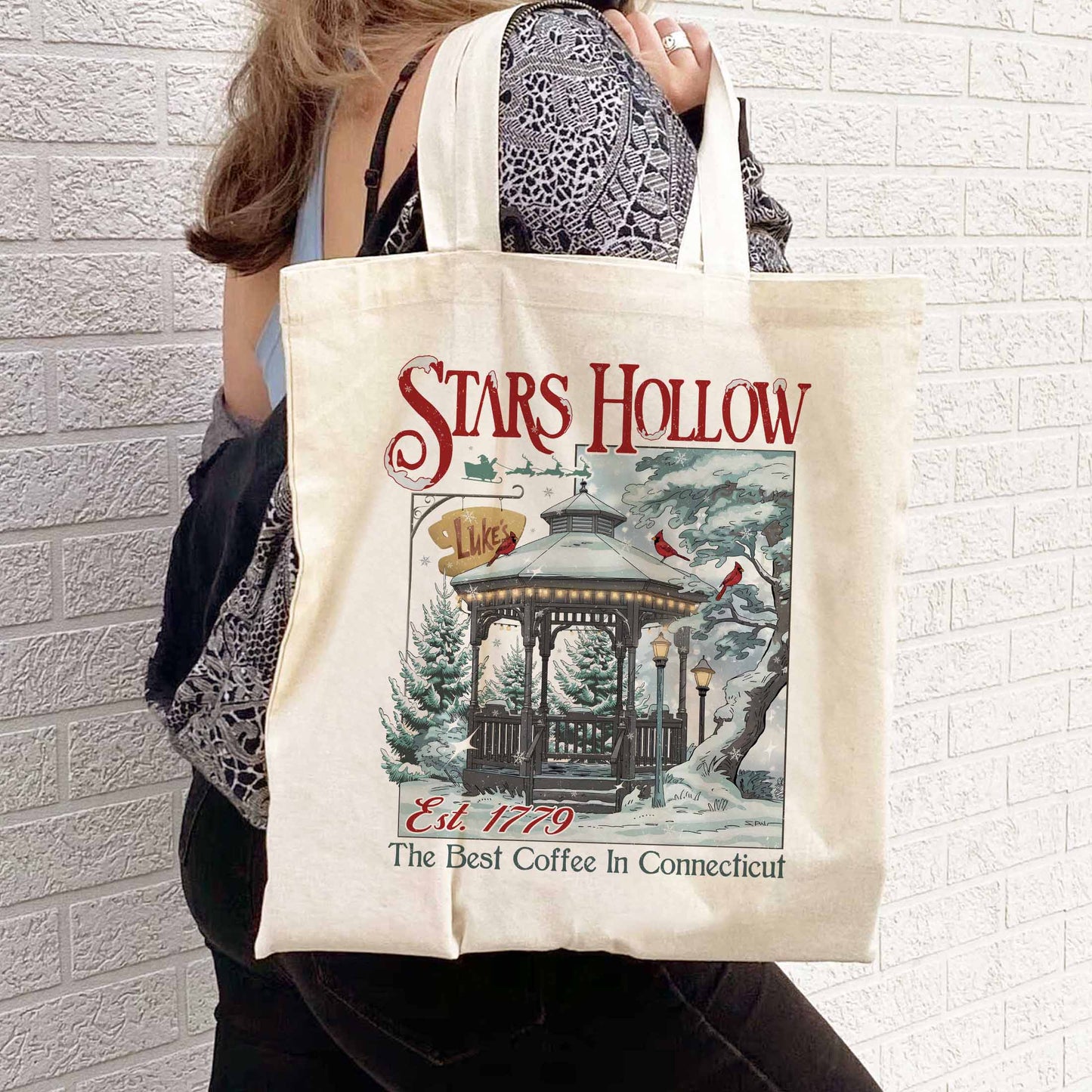 Christmas Festival Tote Bag, Stars Hollows 1779 Connecticut Tote Bag, Retro Style Tote Bag