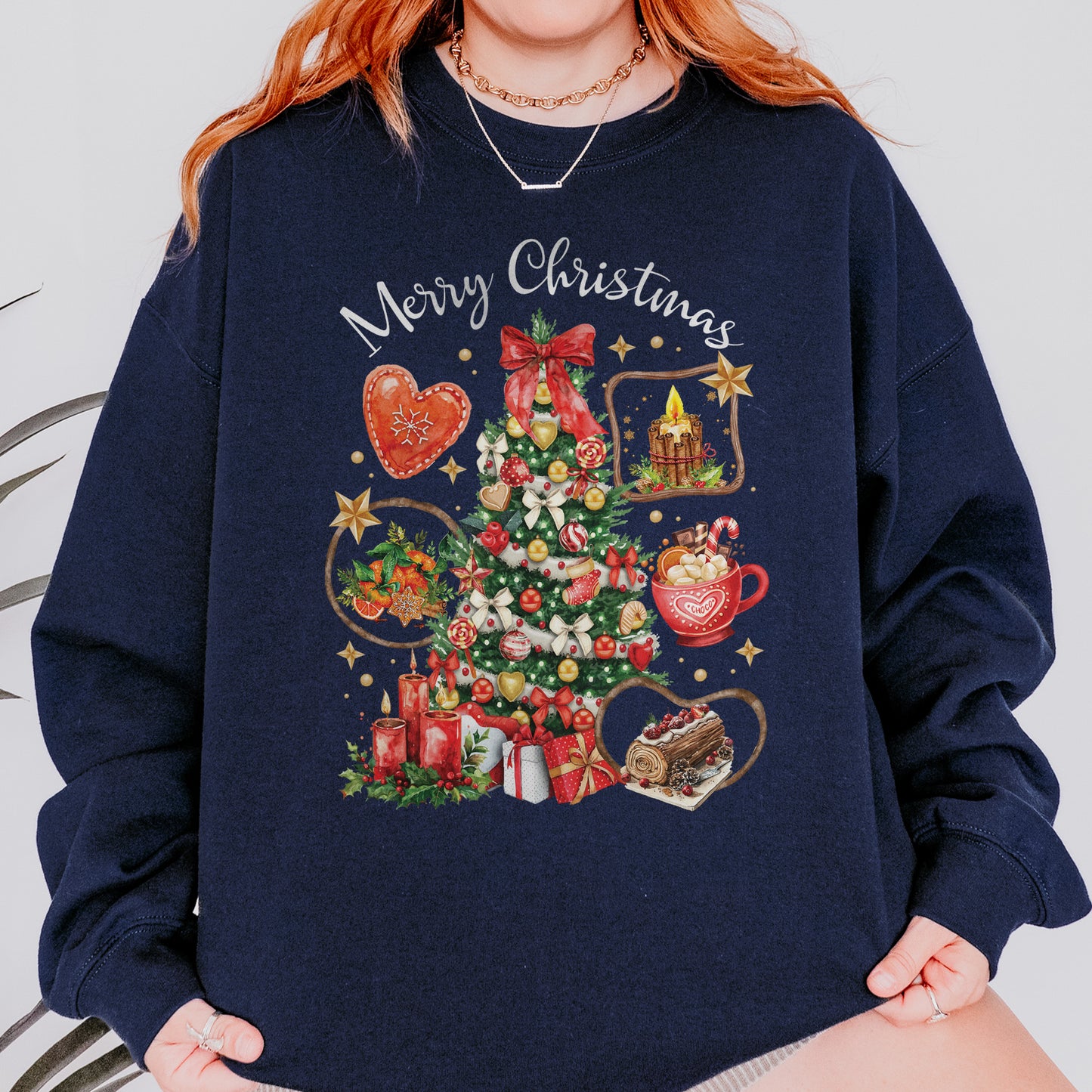 Vintage Merry Christmas Sweatshirt – Christmas Tree Candy Cane Hot Cocoa Holiday Sweatshirt