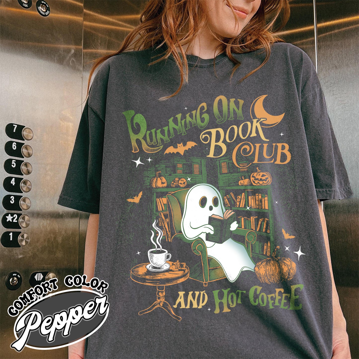 Bookish Comfort Color Shirt, Ghost Book Shirt, Book Club Halloween Shirt, Running on Book Club and Hot Coffee