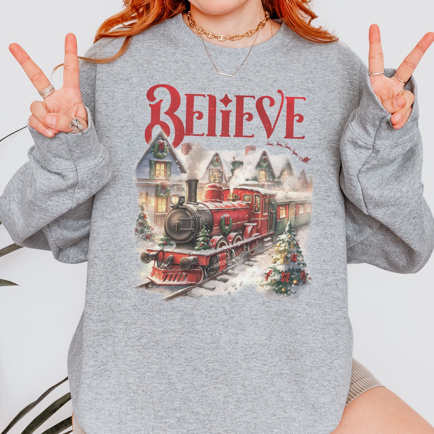 Believe Polar Express Christmas Train Sweatshirt | Holiday Santa Sleigh Sweatshirt