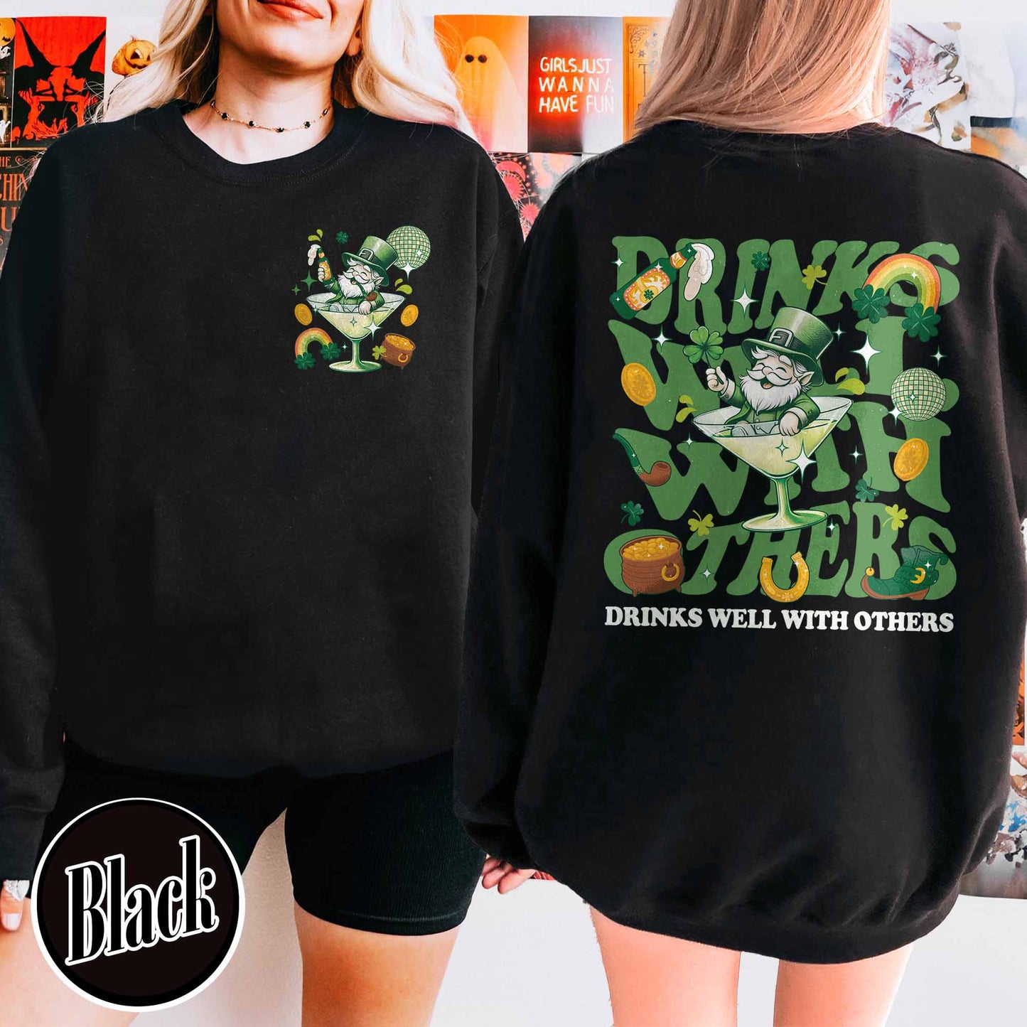 St Patrick’s Day Sweatshirt, Drinks Well With Others Sweatshirt, Leprechaun Martini Cocktail Patty’s Day Sweatshirt