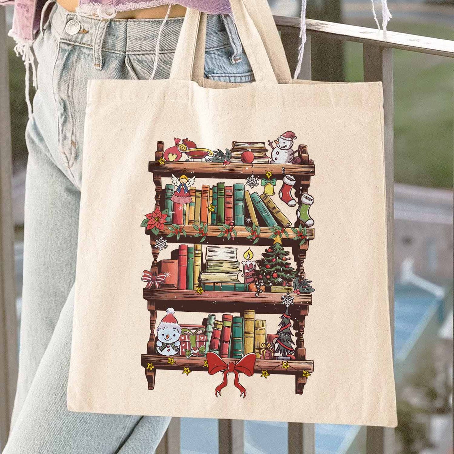 Librarian Snowman Tote Bag, Book Lover Christmas