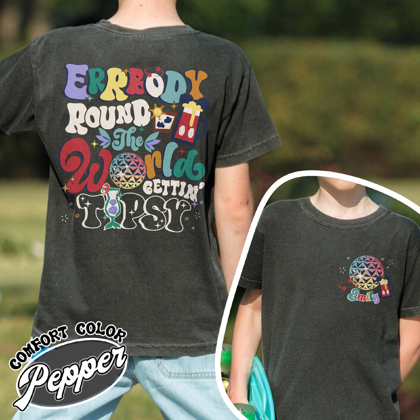 Custom Family Trip Comfort Color Youth T-shirt, Errbody Round the World Gettin Tipsy Youth T-shirt, Epcot Drinking Youth T-shirt
