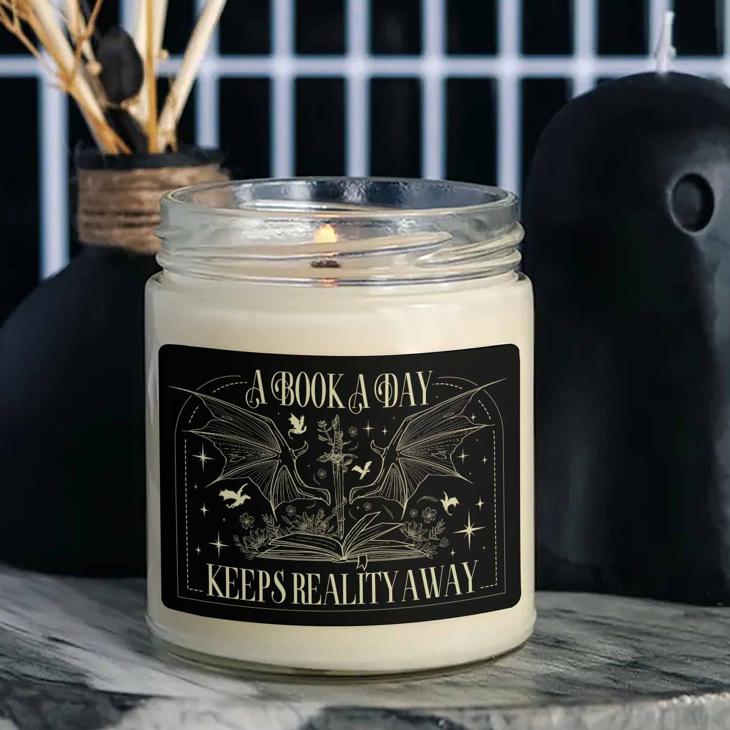 A Book a Day Keeps Reality Away Candle, Fantasy Book Candle, Gift for Reader, Book Lover, House of Dragon Candle, Book Club Candle, Dragon Candle