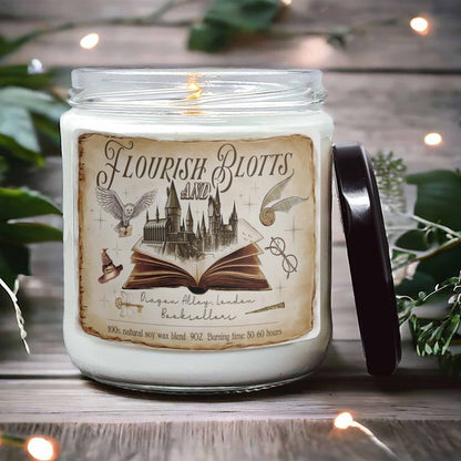 Flourish and Blotts Candle, Wizard Candle, Wizard School Book Shop Candle, Magical Castle, Book Lover Gift, Gift for Fan, Potter Gift, Bookish Gift