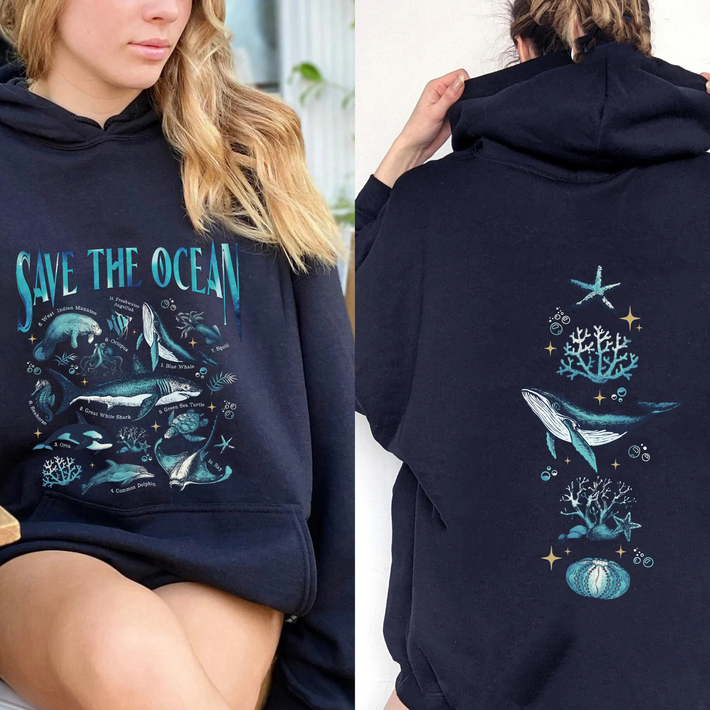 Save The Ocean Hoodie, Animal Hoodie, Retro Ocean Nature Hoodie, Dolphin Hoodie, Shark Lover Gift,Marine Biologist,Surfing Hoodie
