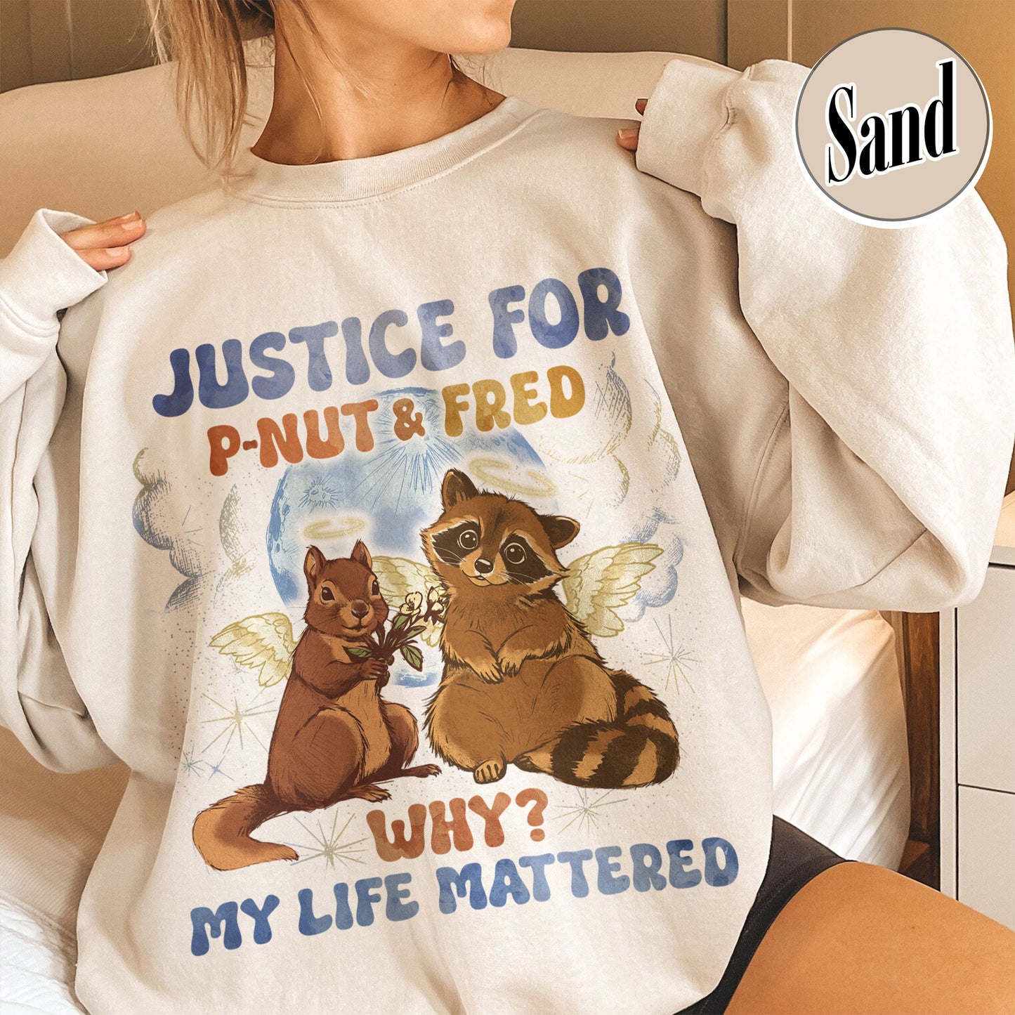 Justice for P'nut and Fred Sweatshirt, P’Nut The Squirrel, Raccoon With Moon Sweatshirt, Animal Rights Sweatshirt, P'nut and Raccoons Vintage Graphic Sweatshirt