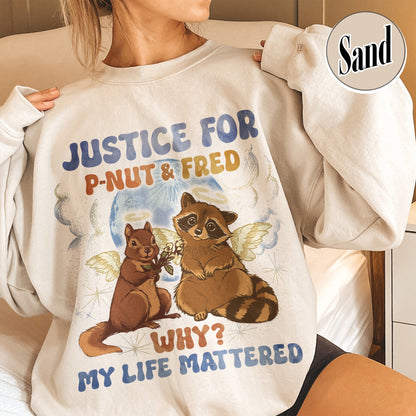 Justice for P'nut and Fred Sweatshirt, P’Nut The Squirrel, Raccoon With Moon Sweatshirt, Animal Rights Sweatshirt, P'nut and Raccoons Vintage Graphic Sweatshirt