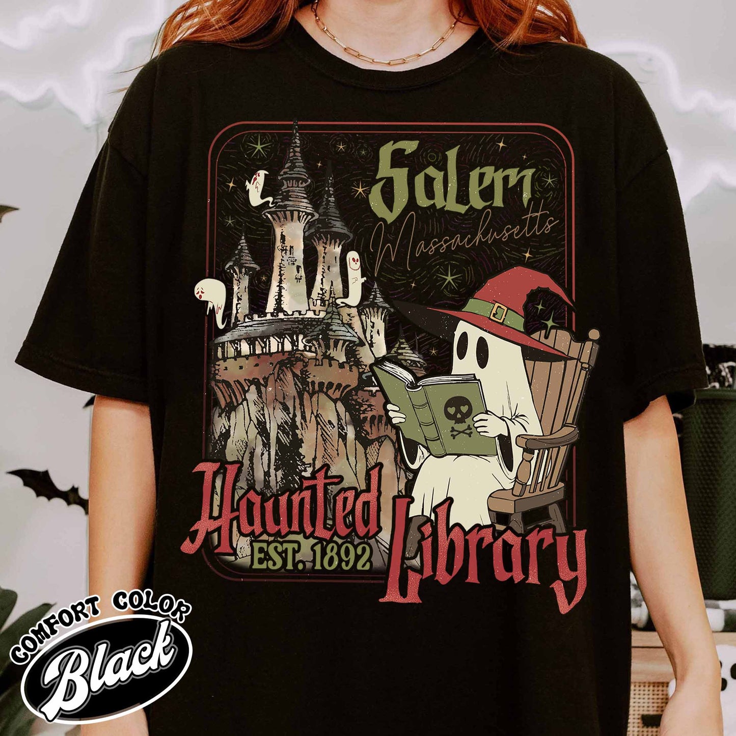 The Haunted Library Shirt, Salem Book Club Shirt, Bookish Halloween Shirt, Spooky Reader Shirt, Book Lover Gift, Ghost Reading Books Shirt