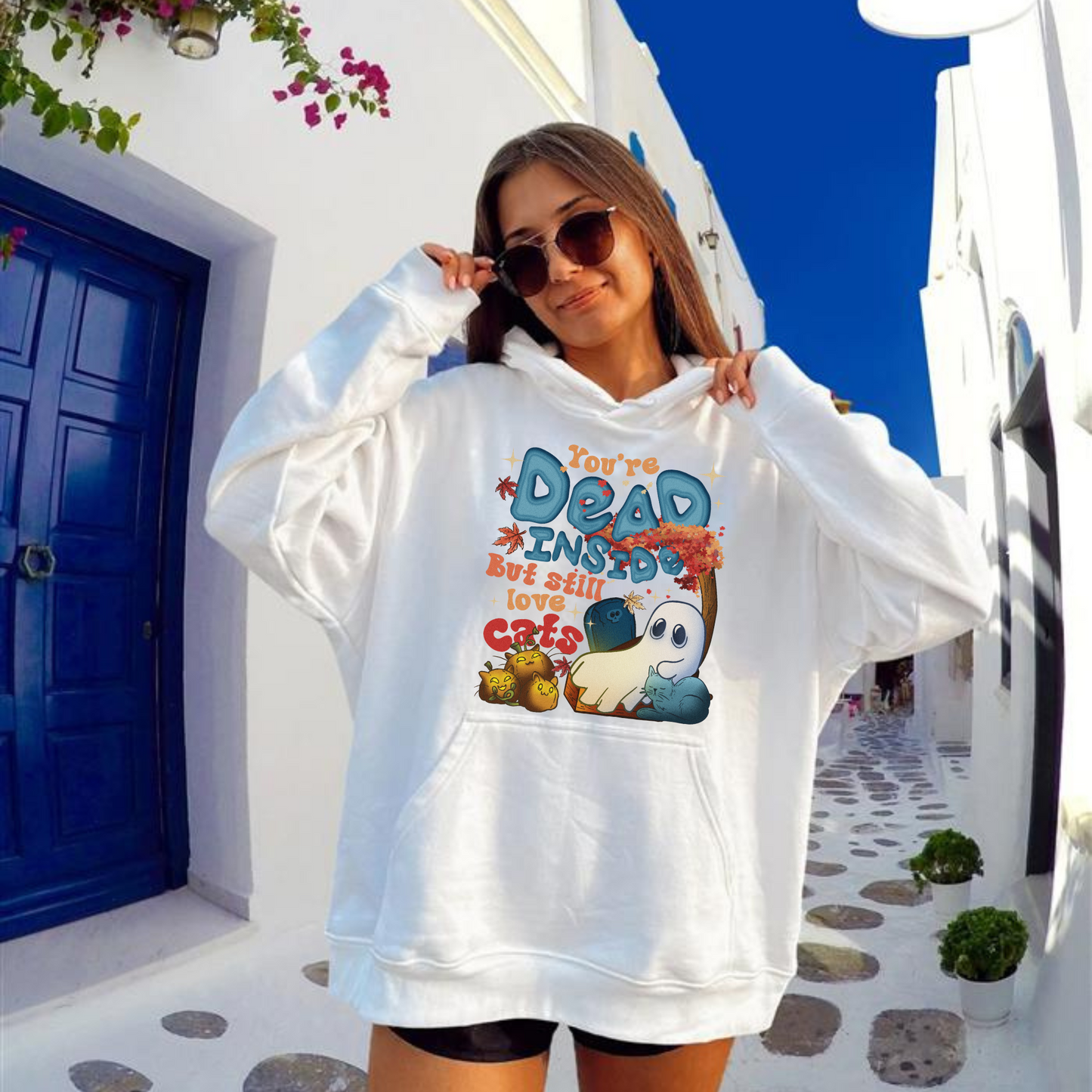 Halloween Cat Hoodie, Dead Inside but Still Love Cats Hoodie, Ghost Holding Black Cat Hoodie