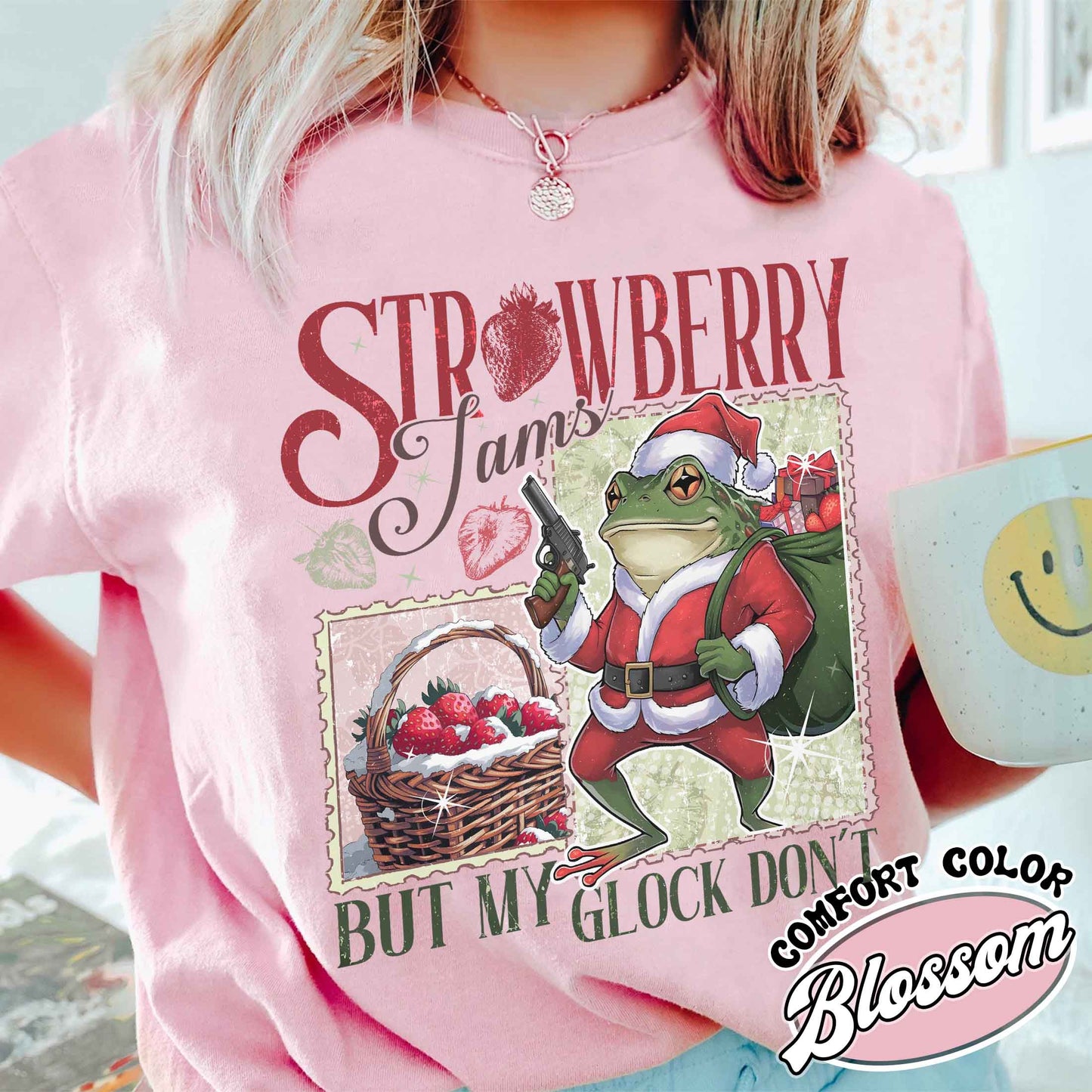 Strawberry Jams but My Glock Don’t Shirt, Funny Frog Graphic Tee-Shirt, Christmas Frog T-Shirt, Meme Shirt, Cowboy Frog, Funny Frog Cowboy Shirt