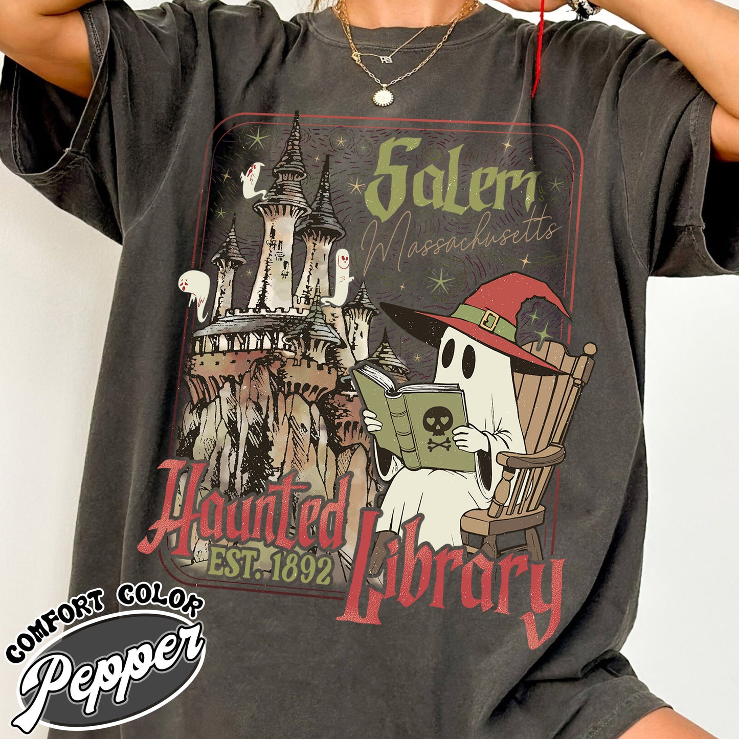 The Haunted Library Shirt, Salem Book Club Shirt, Bookish Halloween Shirt, Spooky Reader Shirt, Book Lover Gift, Ghost Reading Books Shirt