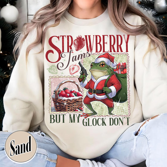 Strawberry Jams but My Glock Don’t Sweatshirt, Funny Frog Graphic Tee-Shirt, Christmas Frog T-Shirt, Meme Shirt, Cowboy Frog, Funny Frog Cowboy Shirt