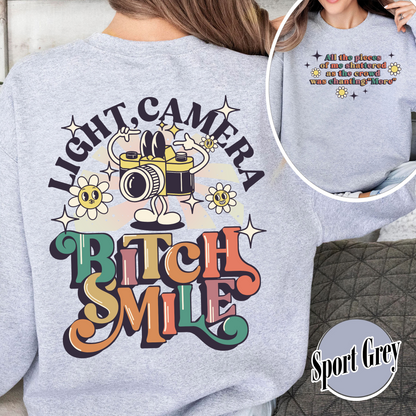 Lights Camera Bitch Smile Sweatshirt, Swiftie Merch, Ttp Lyrics Sweatshirts, Unisex Concert, Gift For Friend, Ttdp Tshirt, Tortured Poets Sweatshirt