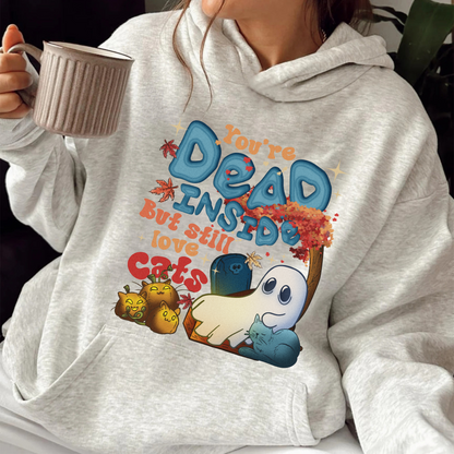 Halloween Cat Hoodie, Dead Inside but Still Love Cats Hoodie, Ghost Holding Black Cat Hoodie