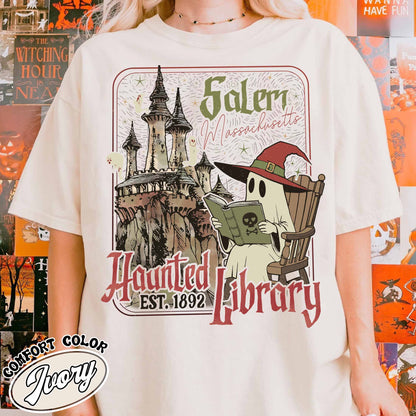 The Haunted Library Shirt, Salem Book Club Shirt, Bookish Halloween Shirt, Spooky Reader Shirt, Book Lover Gift, Ghost Reading Books Shirt