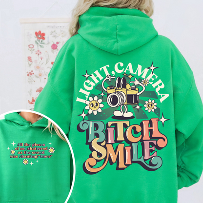 Lights Camera Bitch Smile Hoodie, Swiftie Merch, Ttp Lyrics Hoodie, Unisex Concert, Gift For Friend, Ttdp Hoodie, Tortured Poets Hoodie