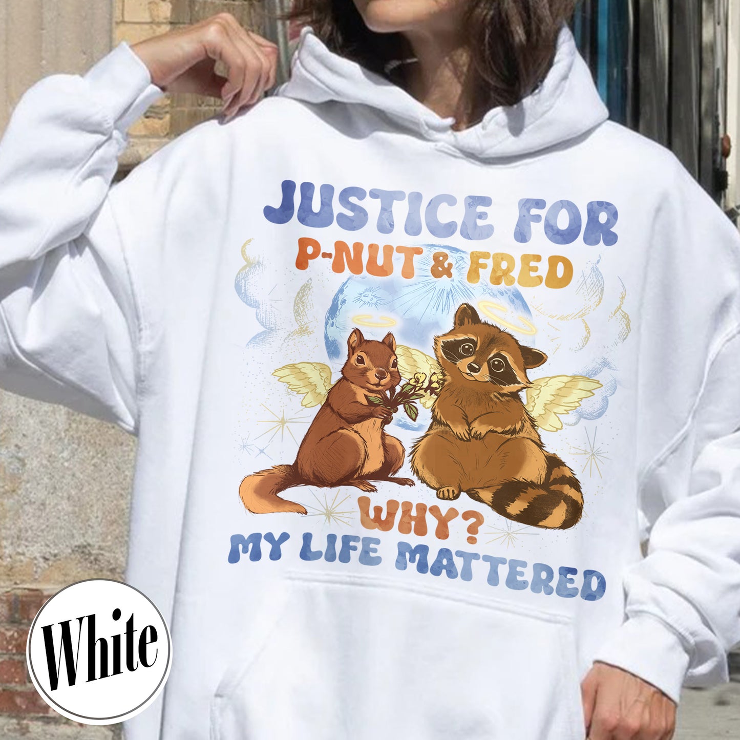 Justice for P'nut and Fred Hoodie,P’Nut The Squirrel,Raccoon With Moon Hoodie,Animal Rights Hoodie,P'nut and Raccoons Vintage Graphic Hoodie