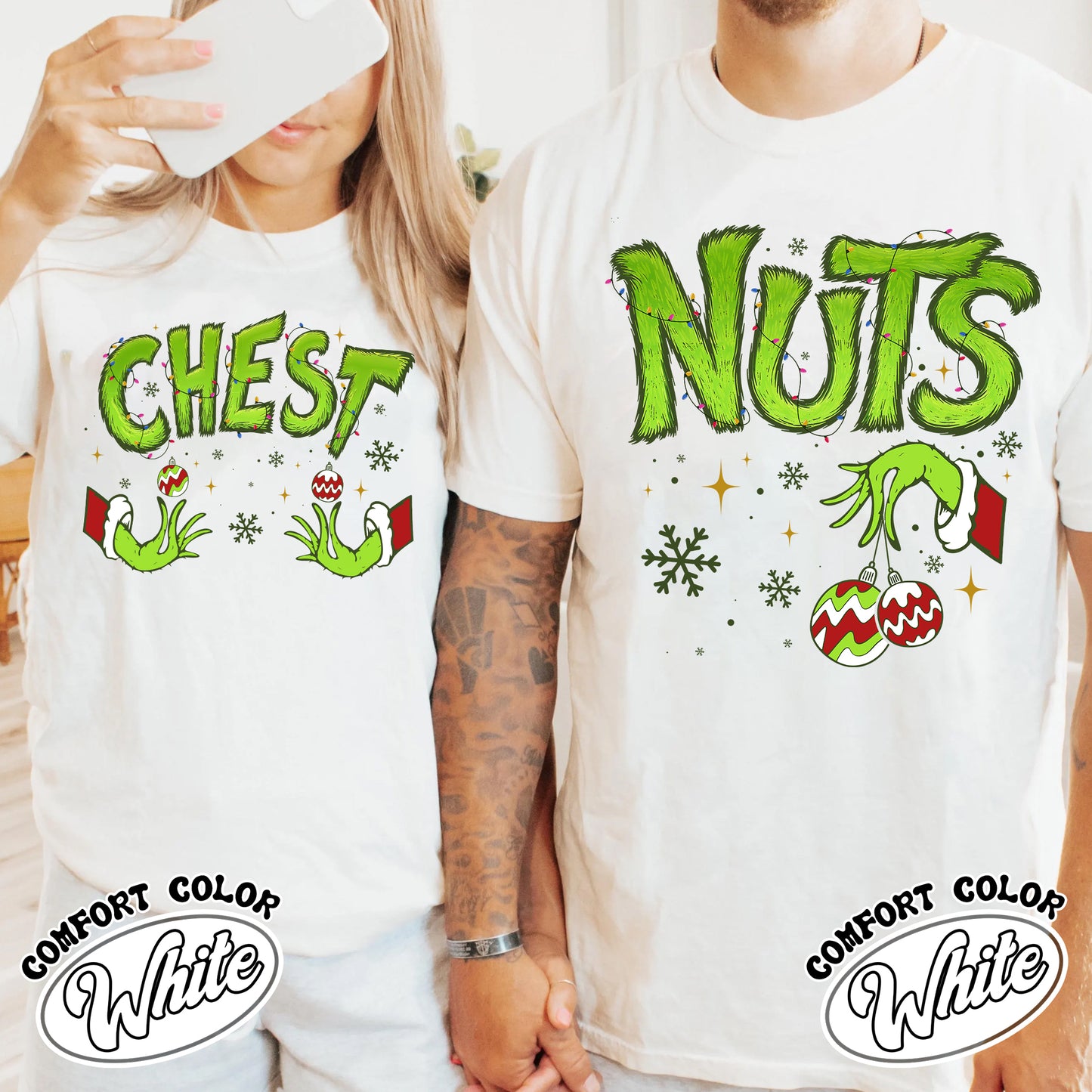 Chest Nuts Couples Matching Shirts, Funny Couple Christmas Shirt, Matching Christmas Outfits Boyfriend Girlfriend, Chest Nuts Christmas T-Shirt