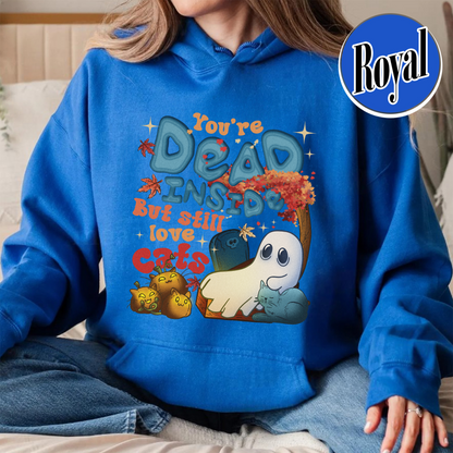 Halloween Cat Hoodie, Dead Inside but Still Love Cats Hoodie, Ghost Holding Black Cat Hoodie