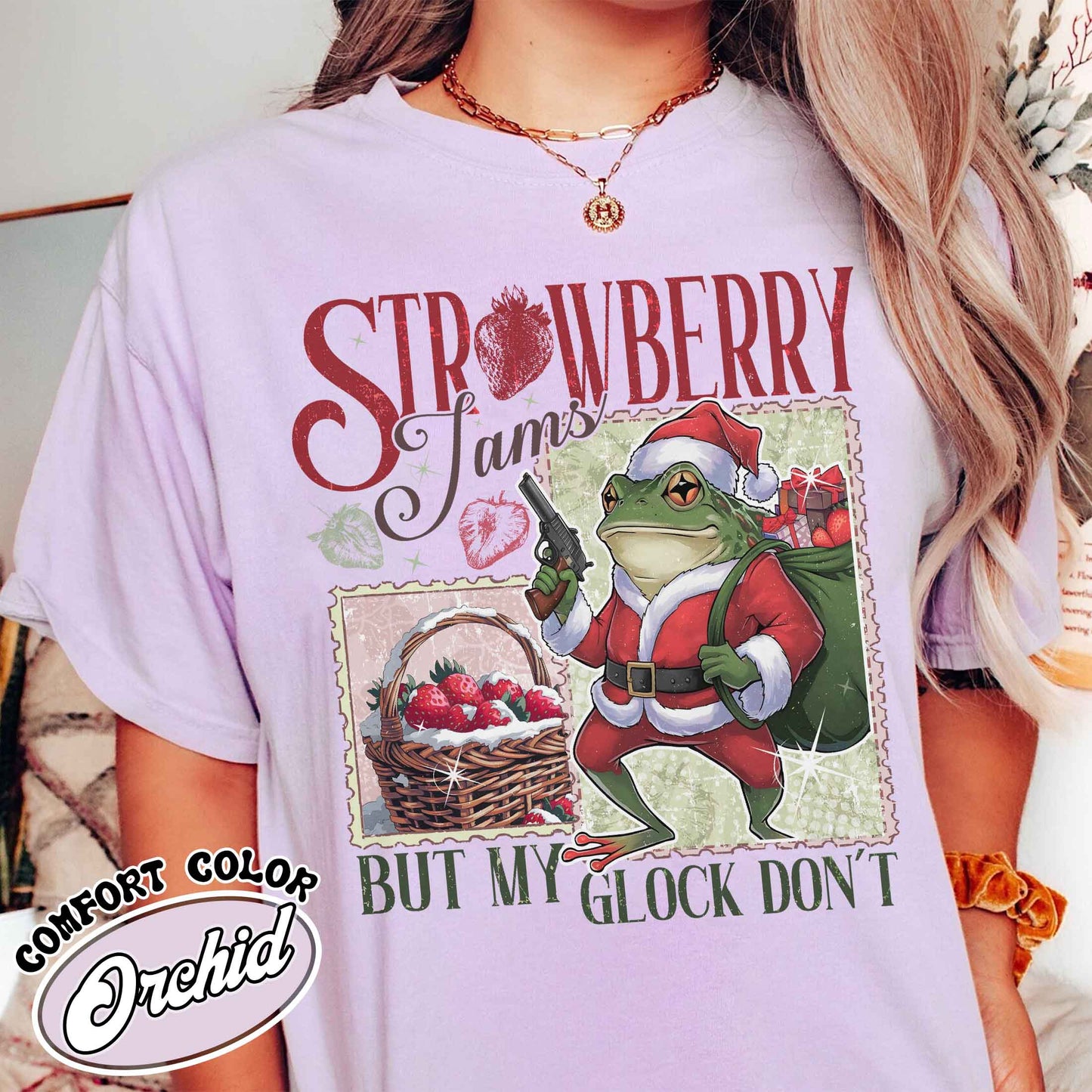 Strawberry Jams but My Glock Don’t Shirt, Funny Frog Graphic Tee-Shirt, Christmas Frog T-Shirt, Meme Shirt, Cowboy Frog, Funny Frog Cowboy Shirt