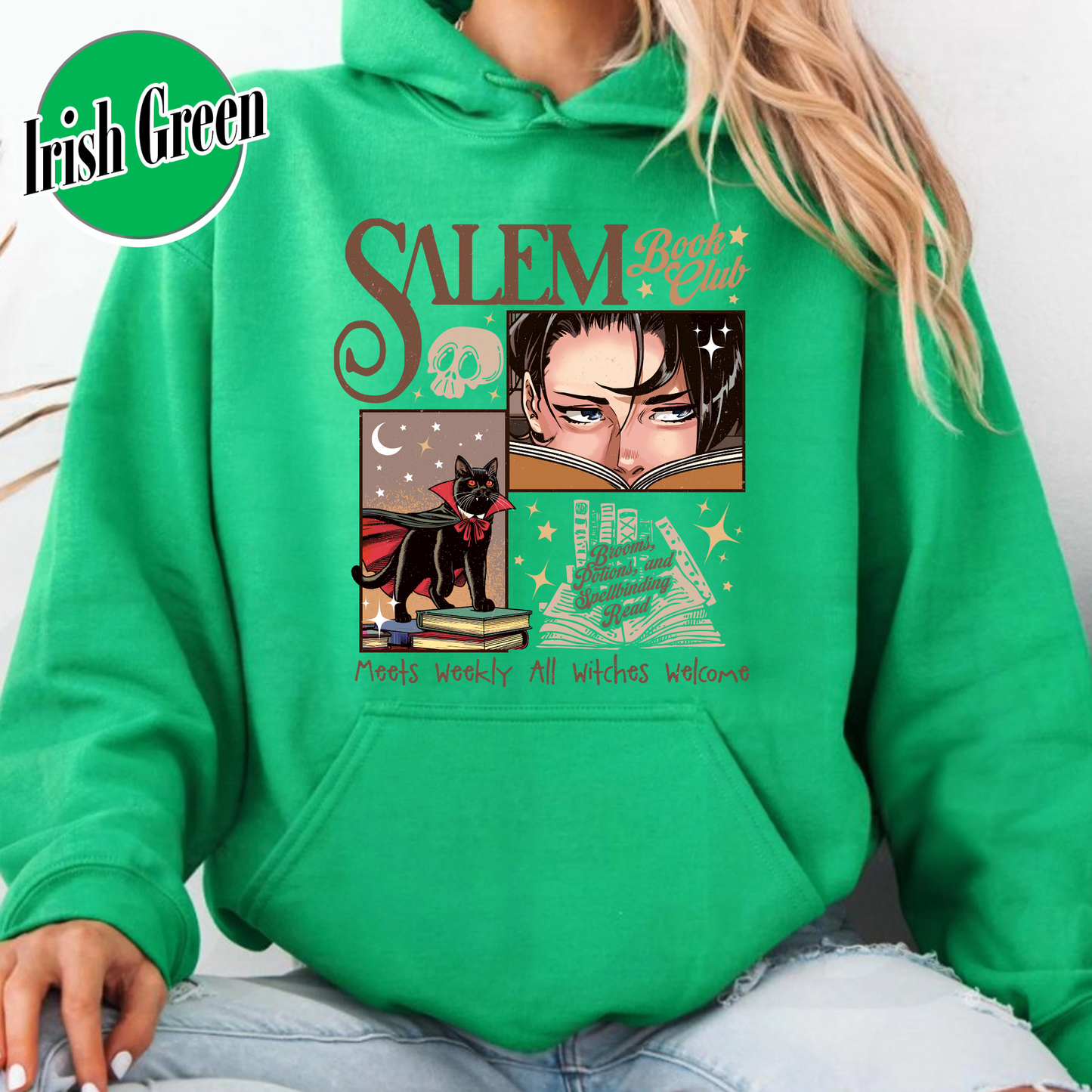 Halloween Hoodie, Retro Salem Book Club Hoodie, Black Cat Spooky Book Lover Hoodie