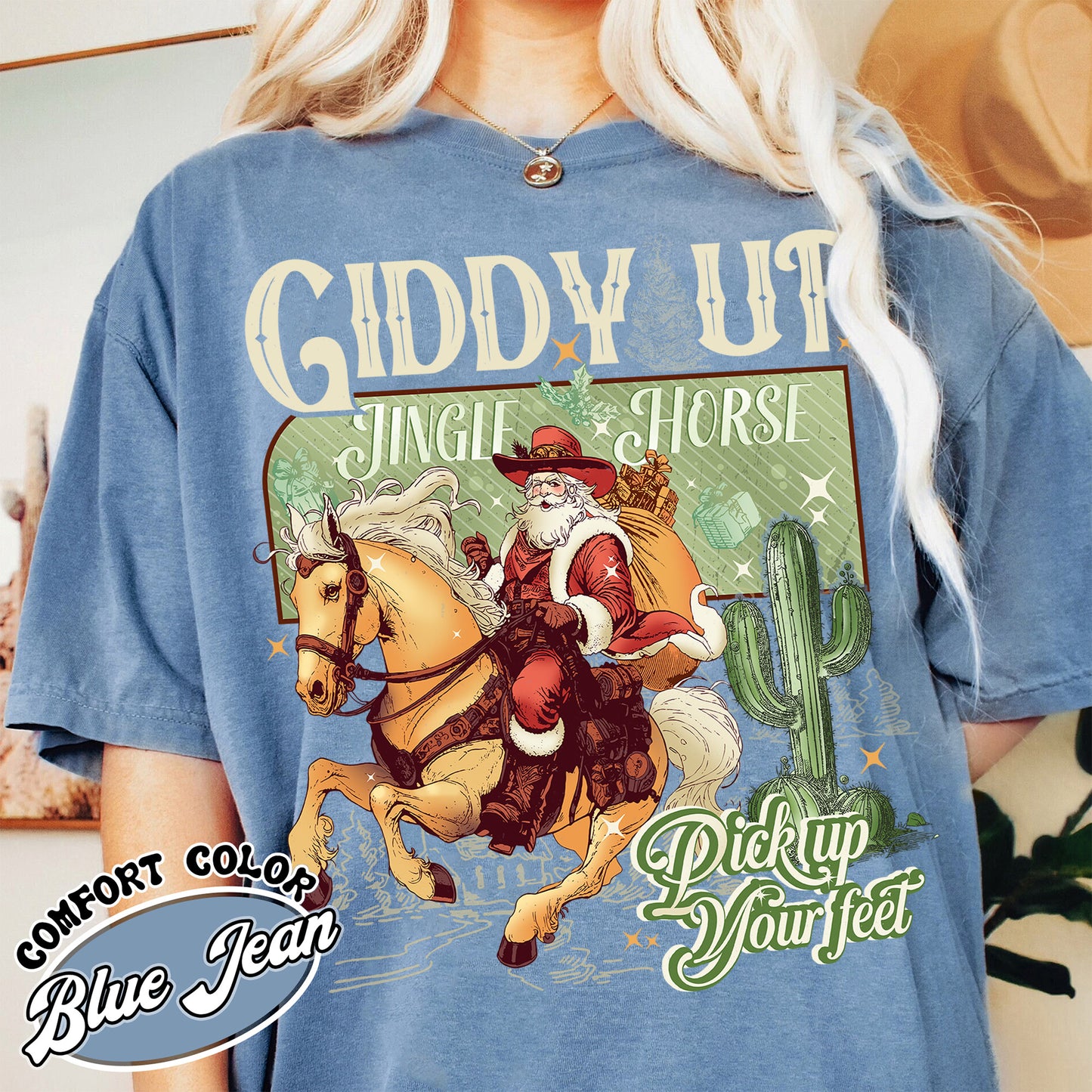 Giddy Up Shirt, Cowboy Santa Christmas Shirt, Giddy Up Jingle Horse Shirt, Cowgirl Shirt, 90’s Country Shirt, Christmas Horse Shirt, Cowboy Shirt