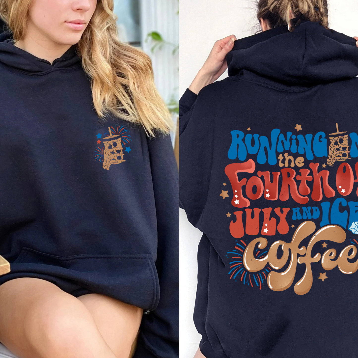 Running On The 4th Of July And Iced Coffee Hoodie, Patriotic Hoodie, Happy 4th Of July, Coffee Lover, Independence Day