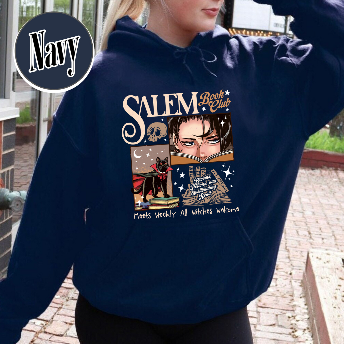 Halloween Hoodie, Retro Salem Book Club Hoodie, Black Cat Spooky Book Lover Hoodie