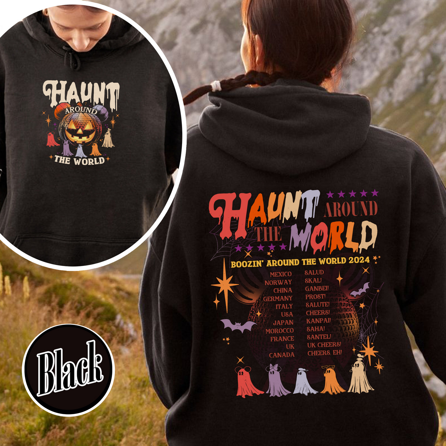Halloween Disney Hoodie, Epcot Drink Around the World Hoodie, Haunt Around the World Hoodie