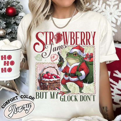 Strawberry Jams but My Glock Don’t Shirt, Funny Frog Graphic Tee-Shirt, Christmas Frog T-Shirt, Meme Shirt, Cowboy Frog, Funny Frog Cowboy Shirt