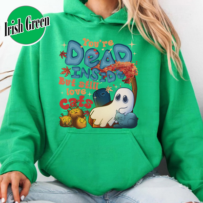 Halloween Cat Hoodie, Dead Inside but Still Love Cats Hoodie, Ghost Holding Black Cat Hoodie