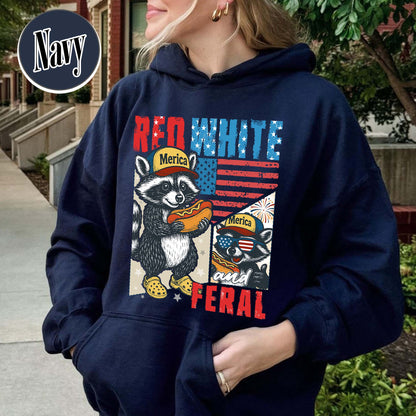 4th of July Party Hoodie, Feral Raccoon Tee Hoodie Feral Girl, Red White and Feral Hoodie