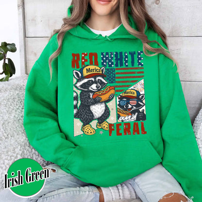 4th of July Party Hoodie, Feral Raccoon Tee Hoodie Feral Girl, Red White and Feral Hoodie