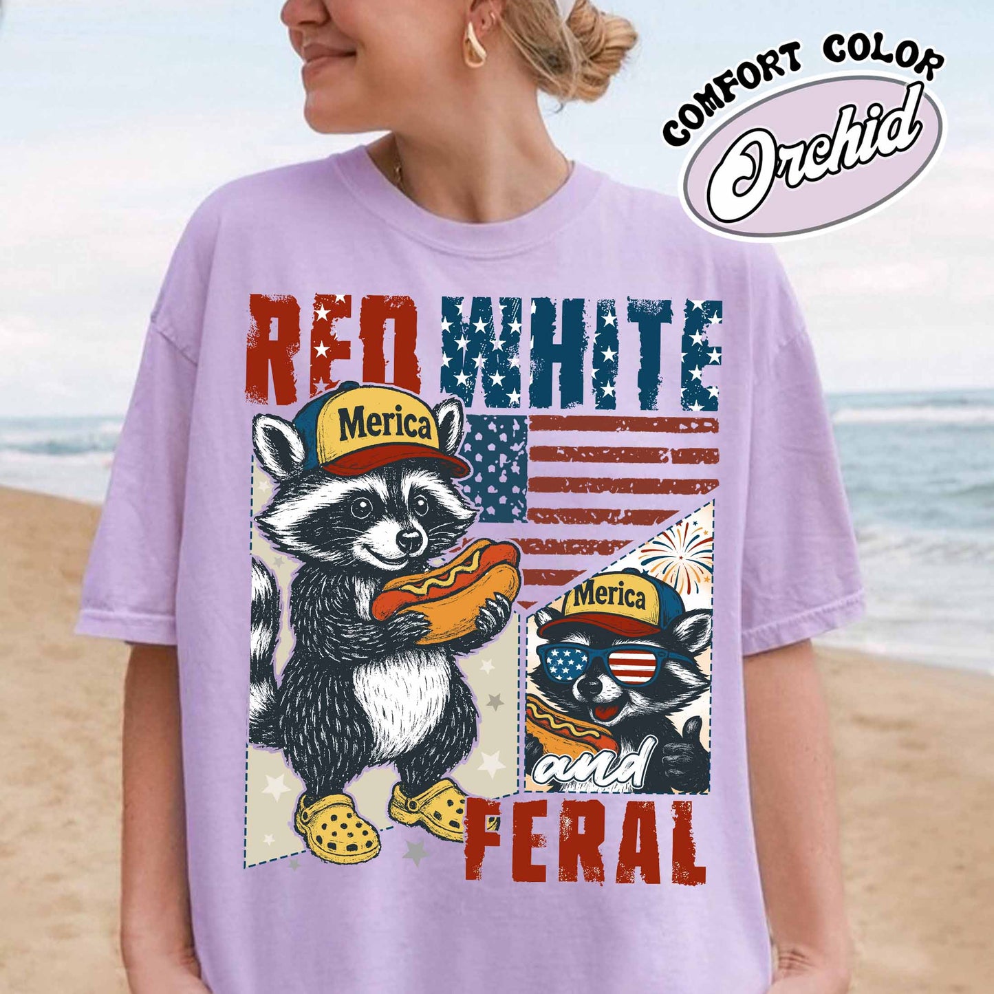 4th of July Party Comfort Colors Shirt, Feral Raccoon Tee Shirt Feral Girl, Red White and Feral Shirt