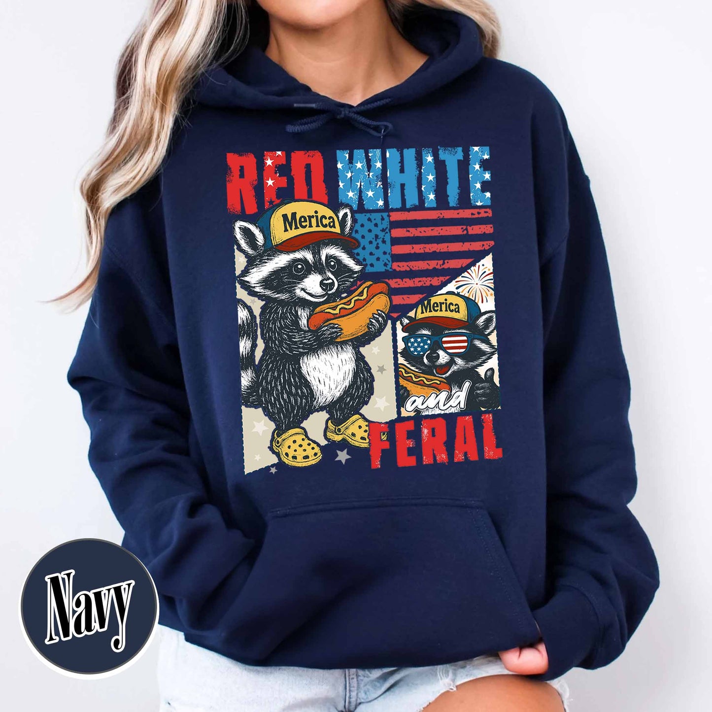 4th of July Party Hoodie, Feral Raccoon Tee Hoodie Feral Girl, Red White and Feral Hoodie