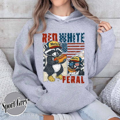 4th of July Party Hoodie, Feral Raccoon Tee Hoodie Feral Girl, Red White and Feral Hoodie