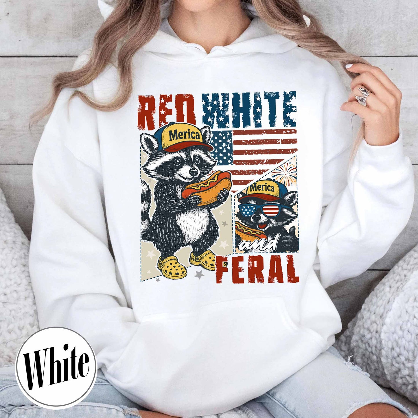 4th of July Party Hoodie, Feral Raccoon Tee Hoodie Feral Girl, Red White and Feral Hoodie