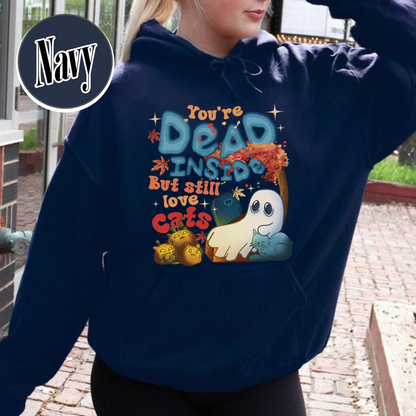 Halloween Cat Hoodie, Dead Inside but Still Love Cats Hoodie, Ghost Holding Black Cat Hoodie