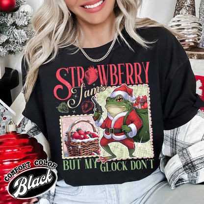 Strawberry Jams but My Glock Don’t Shirt, Funny Frog Graphic Tee-Shirt, Christmas Frog T-Shirt, Meme Shirt, Cowboy Frog, Funny Frog Cowboy Shirt