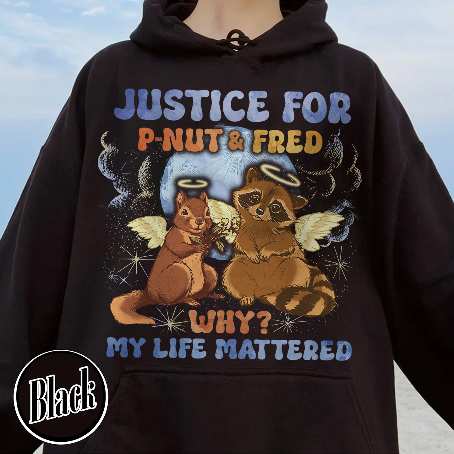 Justice for P'nut and Fred Hoodie,P’Nut The Squirrel,Raccoon With Moon Hoodie,Animal Rights Hoodie,P'nut and Raccoons Vintage Graphic Hoodie