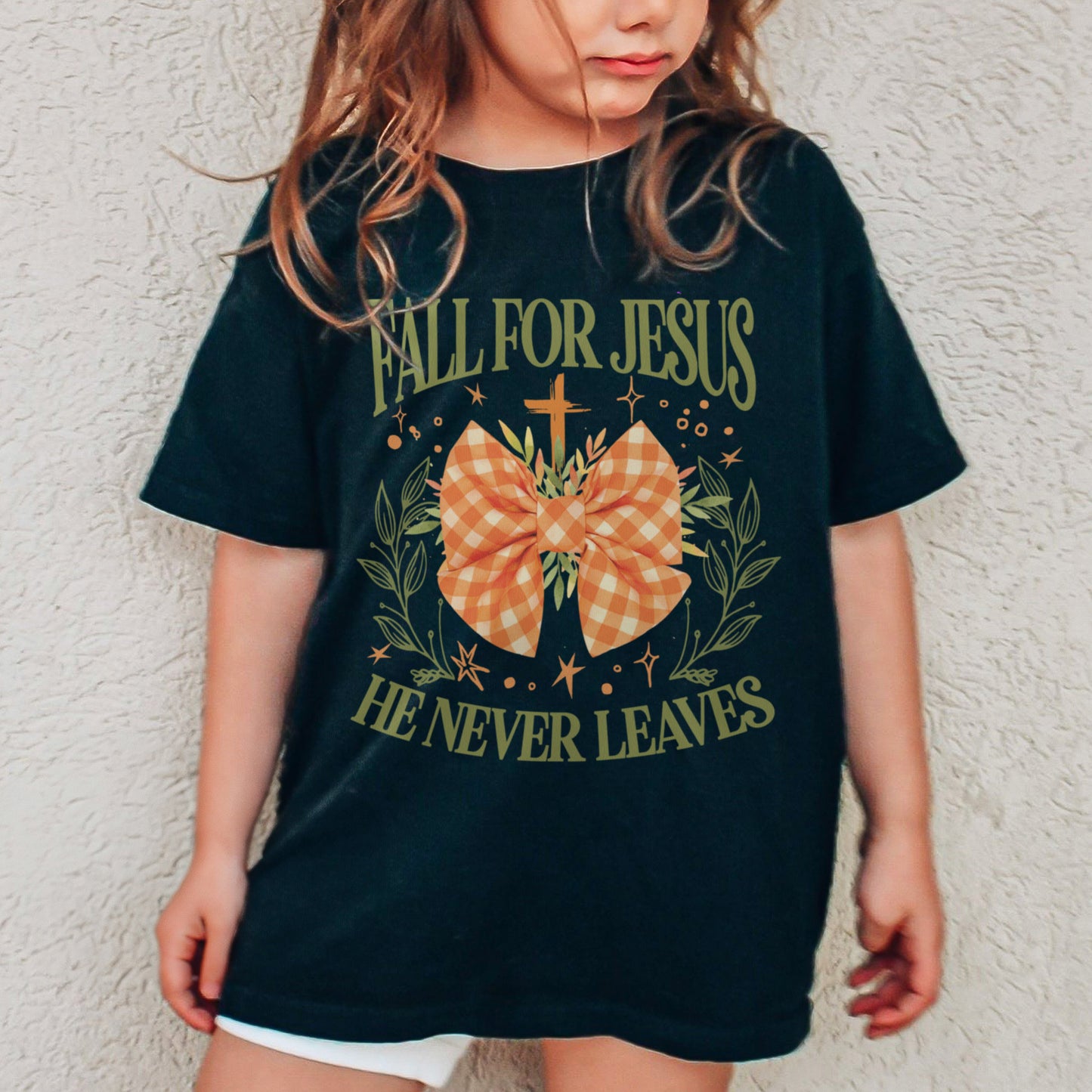 Fall For Jesus: Christian Faith, He Never Leaves Autumn Praise Youth Tshirt