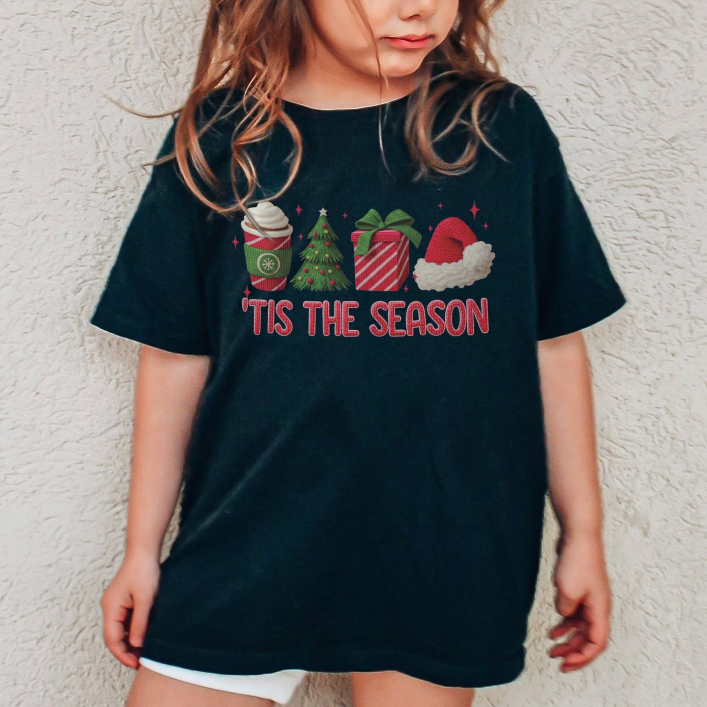 Tis The Season Shirt: Christmas Coffee, Holiday Gift, Santa Hat Tree, Festive Christmas Outfit Youth Tshirt