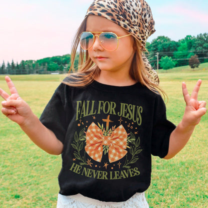 Fall For Jesus: Christian Faith, He Never Leaves Autumn Praise Youth Tshirt