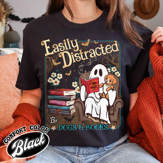 Easily Distracted Dogs And Books Shirt, Books And Dogs Shirt, Ghost Reading Books Shirt, Halloween Little Ghost Shirt, Book Lover Ghost Gift