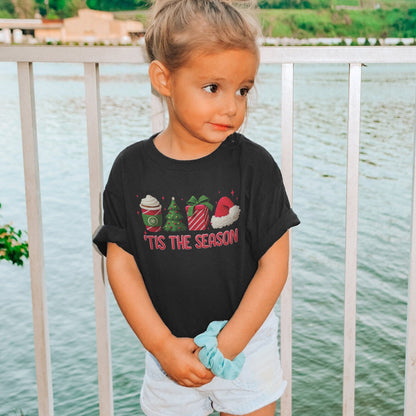 Tis The Season Shirt: Christmas Coffee, Holiday Gift, Santa Hat Tree, Festive Christmas Outfit Youth Tshirt